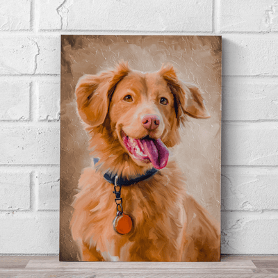acrylic dog painting of a dog wearing a blue dog collar on his neck 