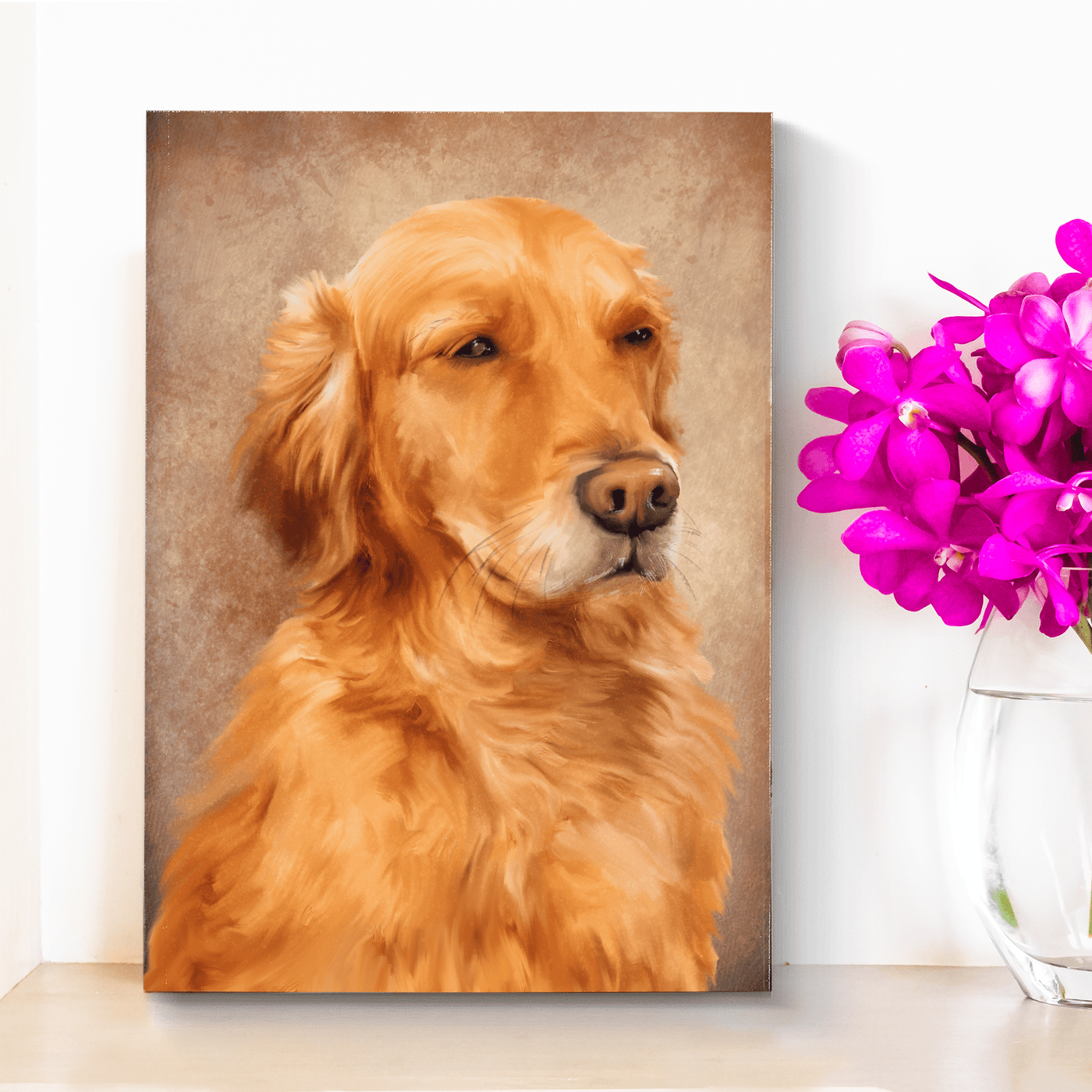 acrylic dog painting of a hairy breed dog with orange tones