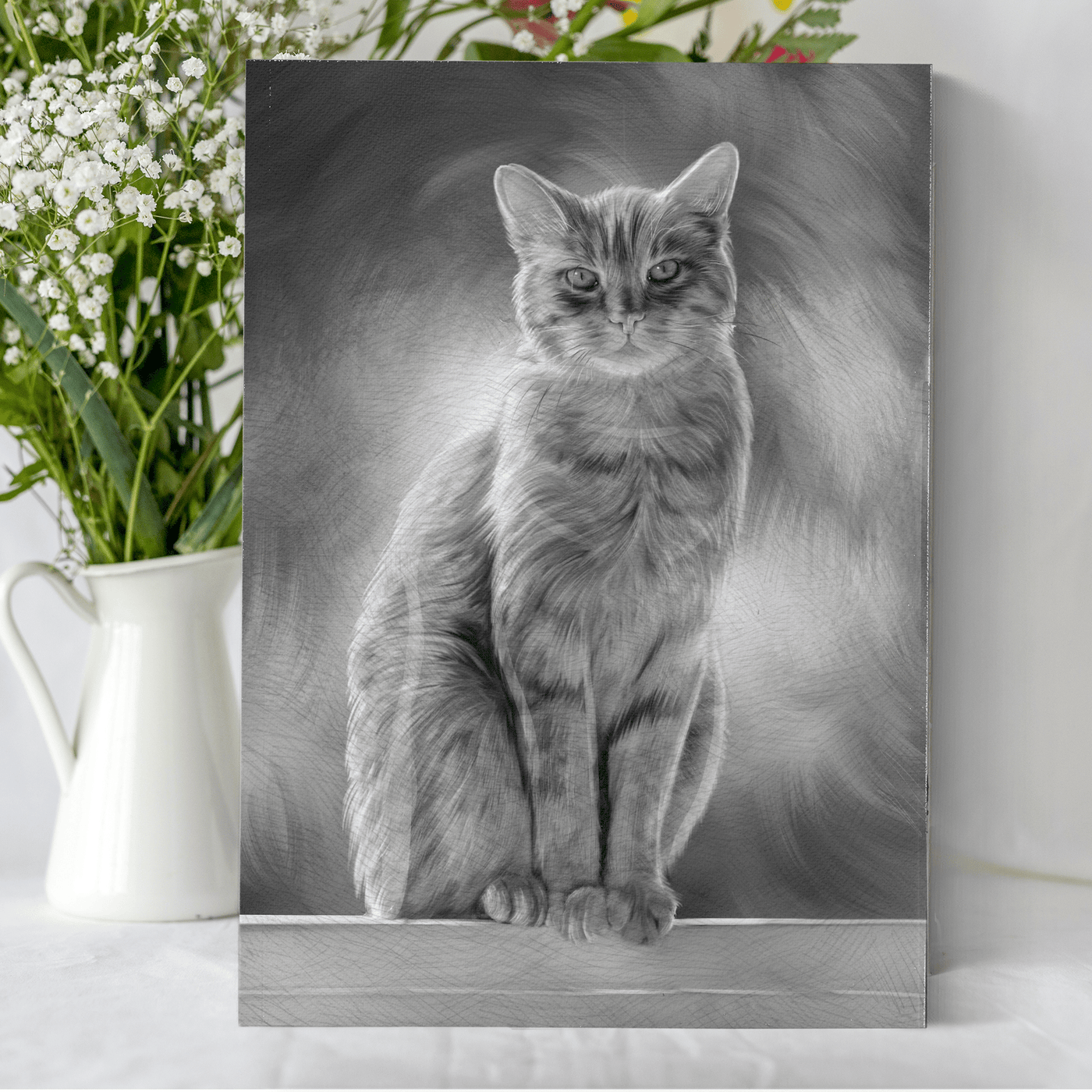 cat charcoal portrait of an adorable fur cat drawn in black and white