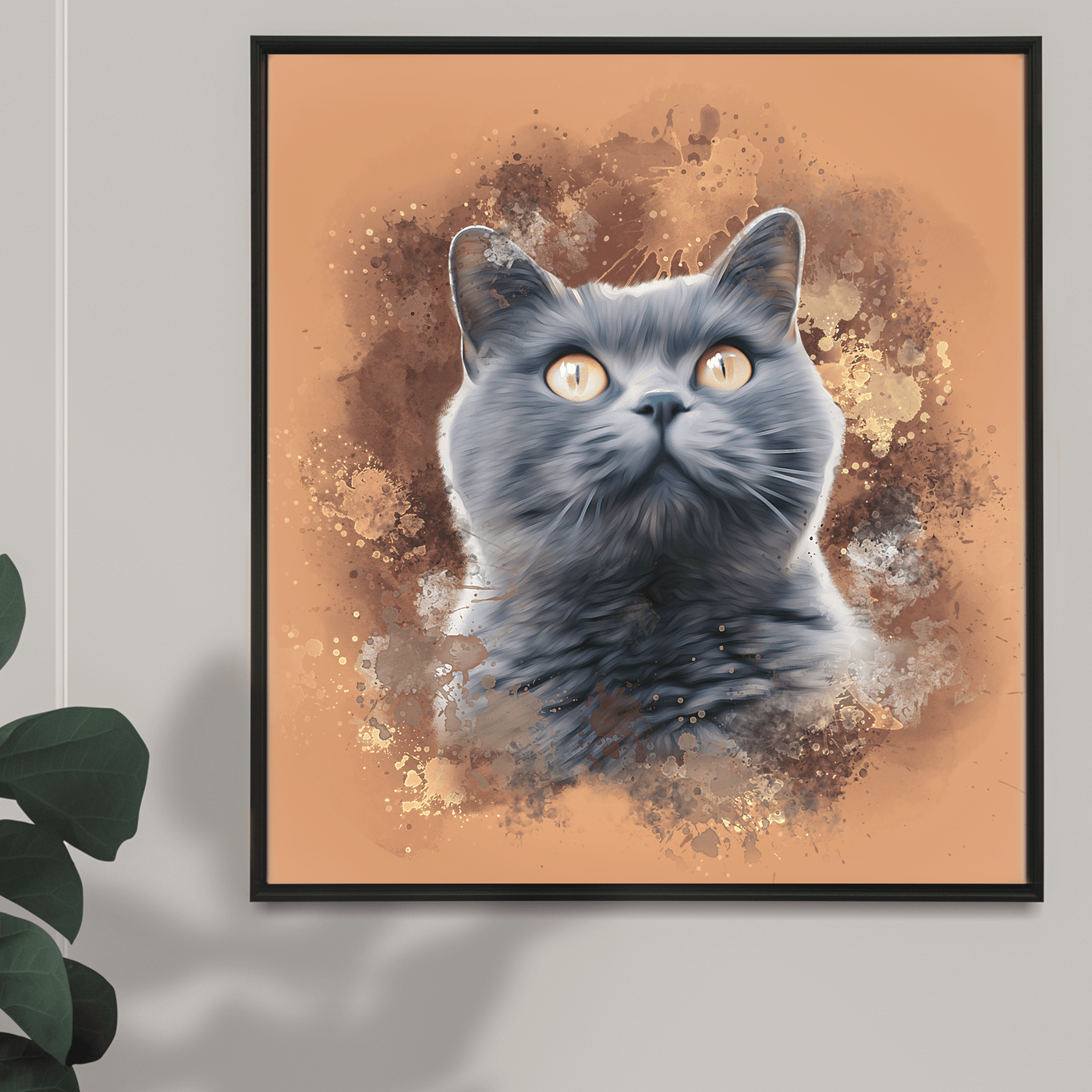 cat watercolor painting of a cute cat that has a color black fur tone along with its yellow colored eyes