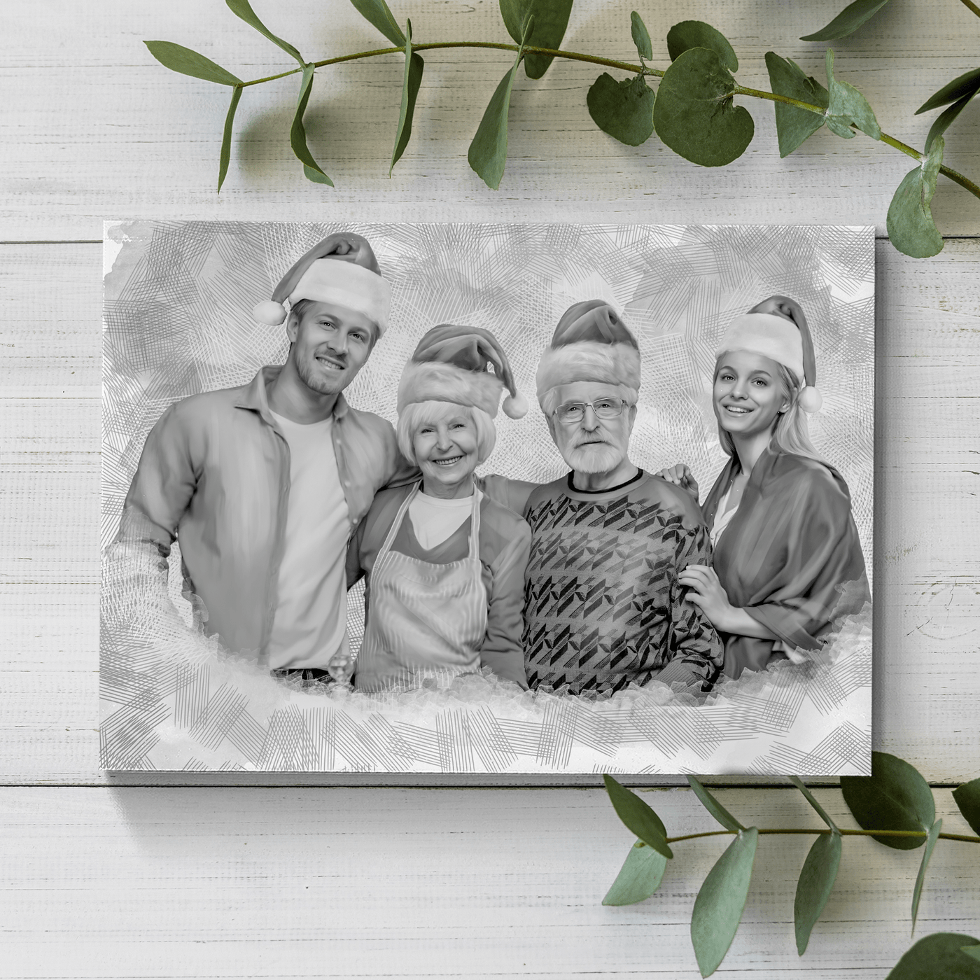 christmas charcoal drawing of a family drawn in black and white