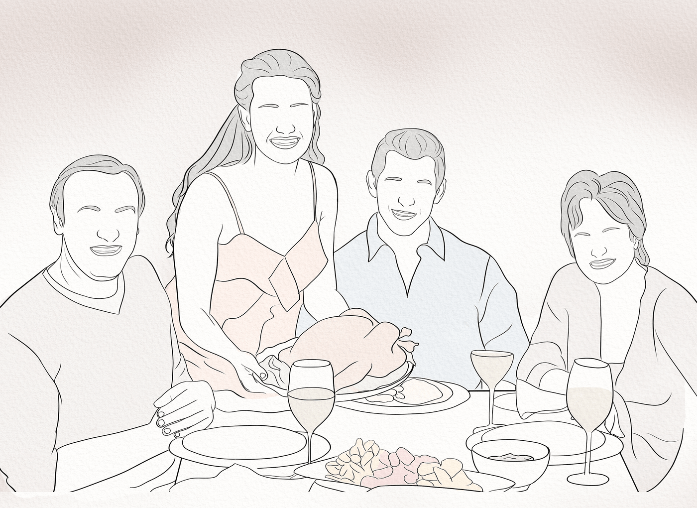 thanksgiving line art of a lovely family joyfully sharing food at the table