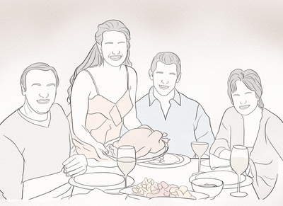 thanksgiving line art of a lovely family joyfully sharing food at the table