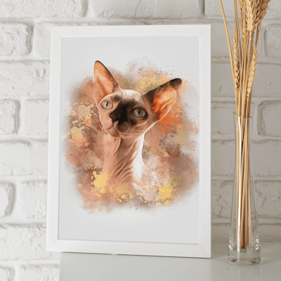 cat watercolor painting of a slim cat that has a color orange fur tone along with its yellow colored eyes