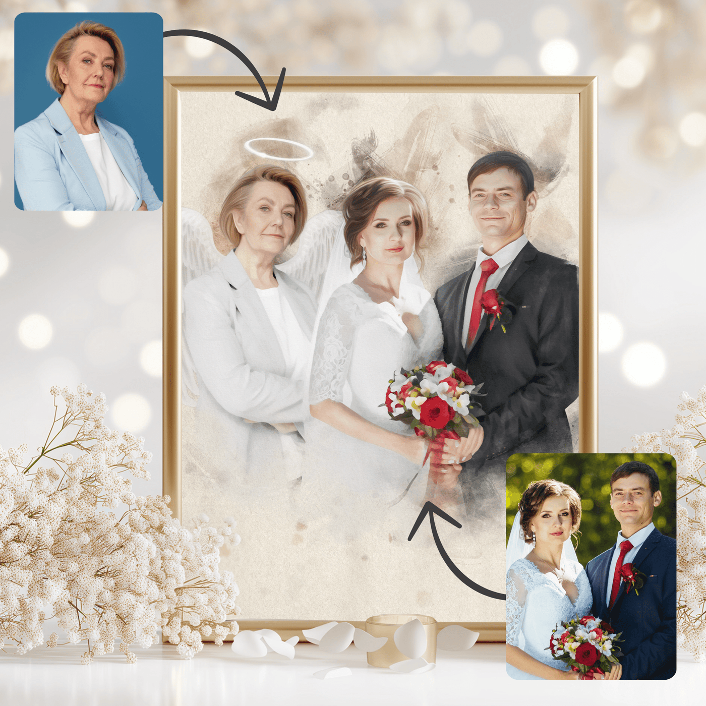 wedding photo restoration of a lovely couple along with the brides mother