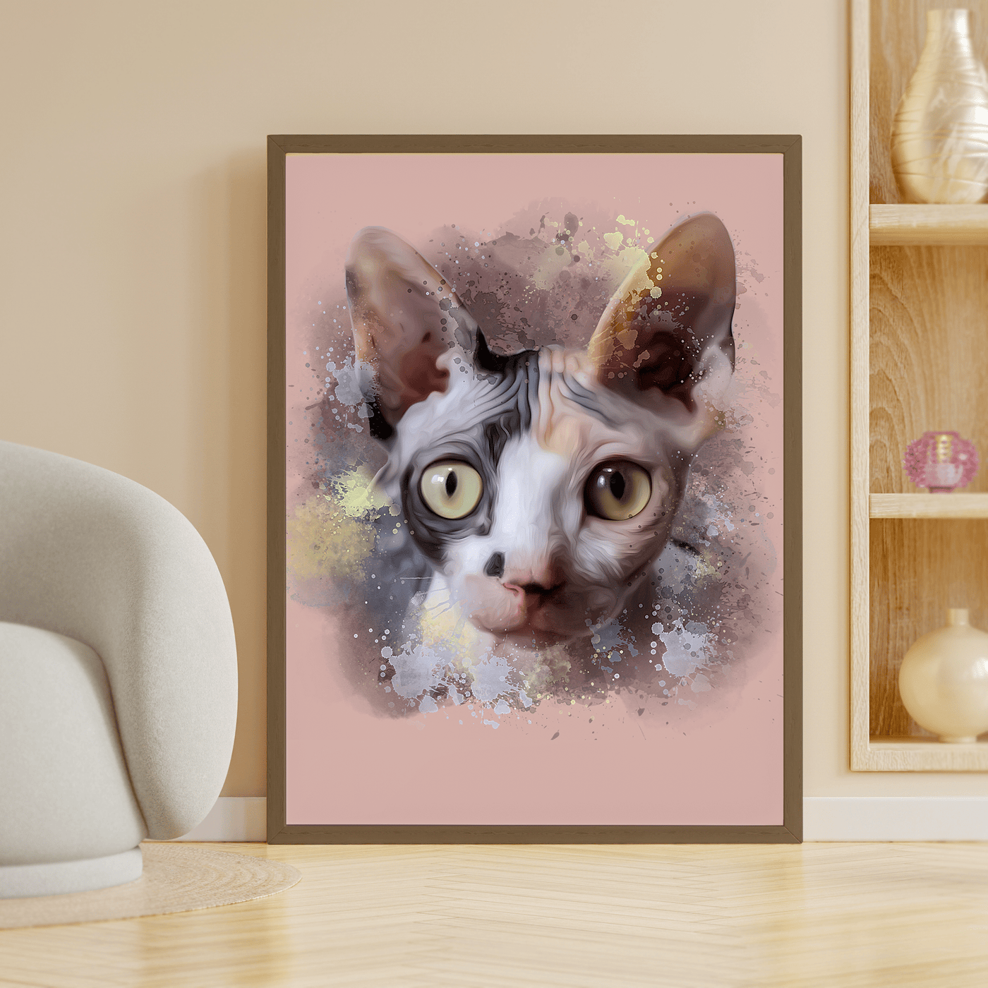 cat watercolor painting of a slim cat that has a color black and white fur tone along with its yellow colored eyes