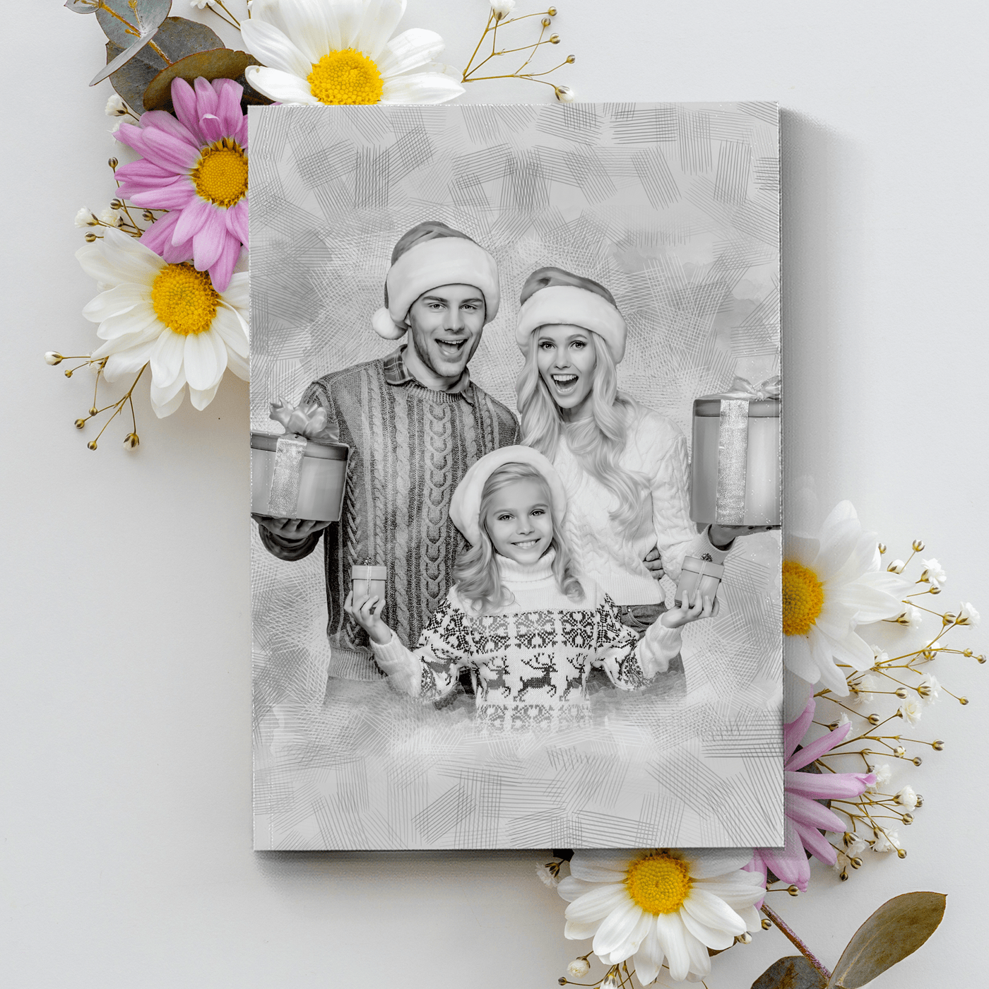 christmas graphite drawing of a happy family