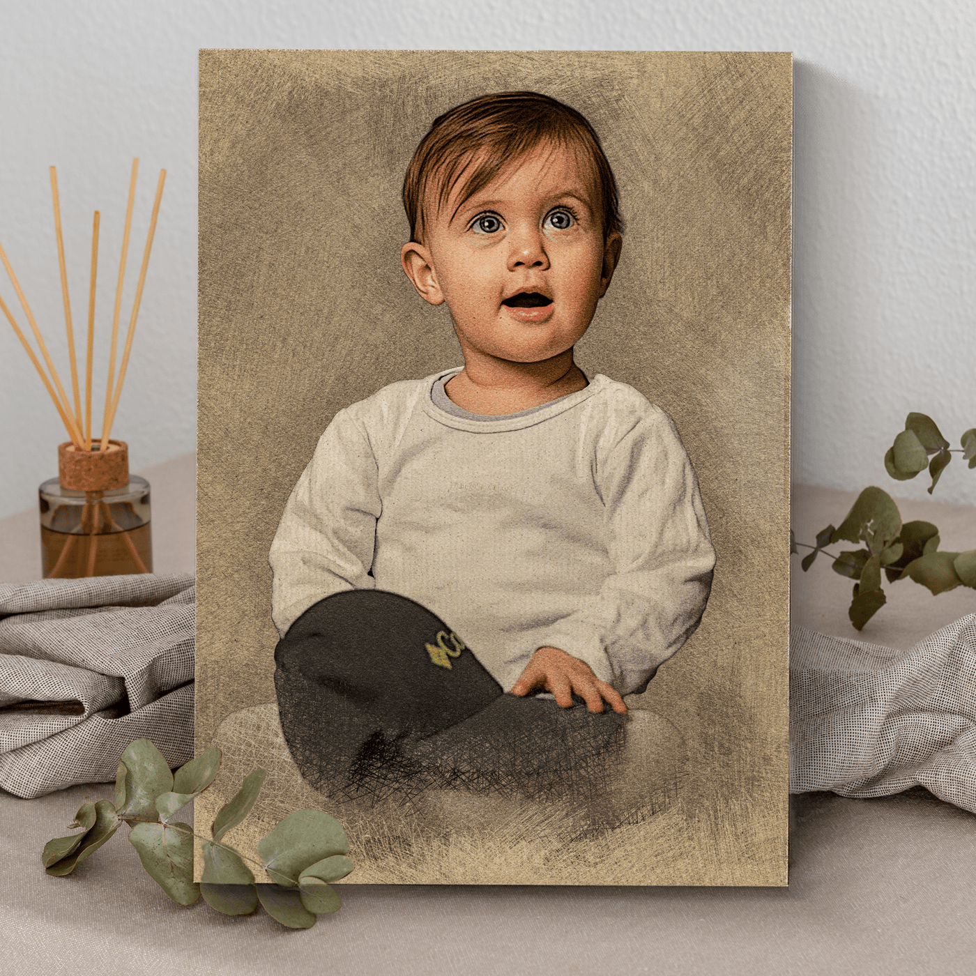 baby colored pencil drawing of an adorable toddler with a cap on its lap