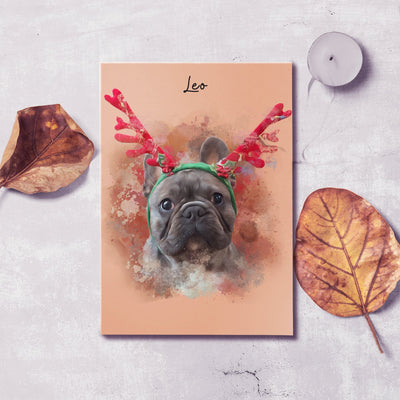dog watercolor painting of a dog with brown fur, wearing a reindeer headband