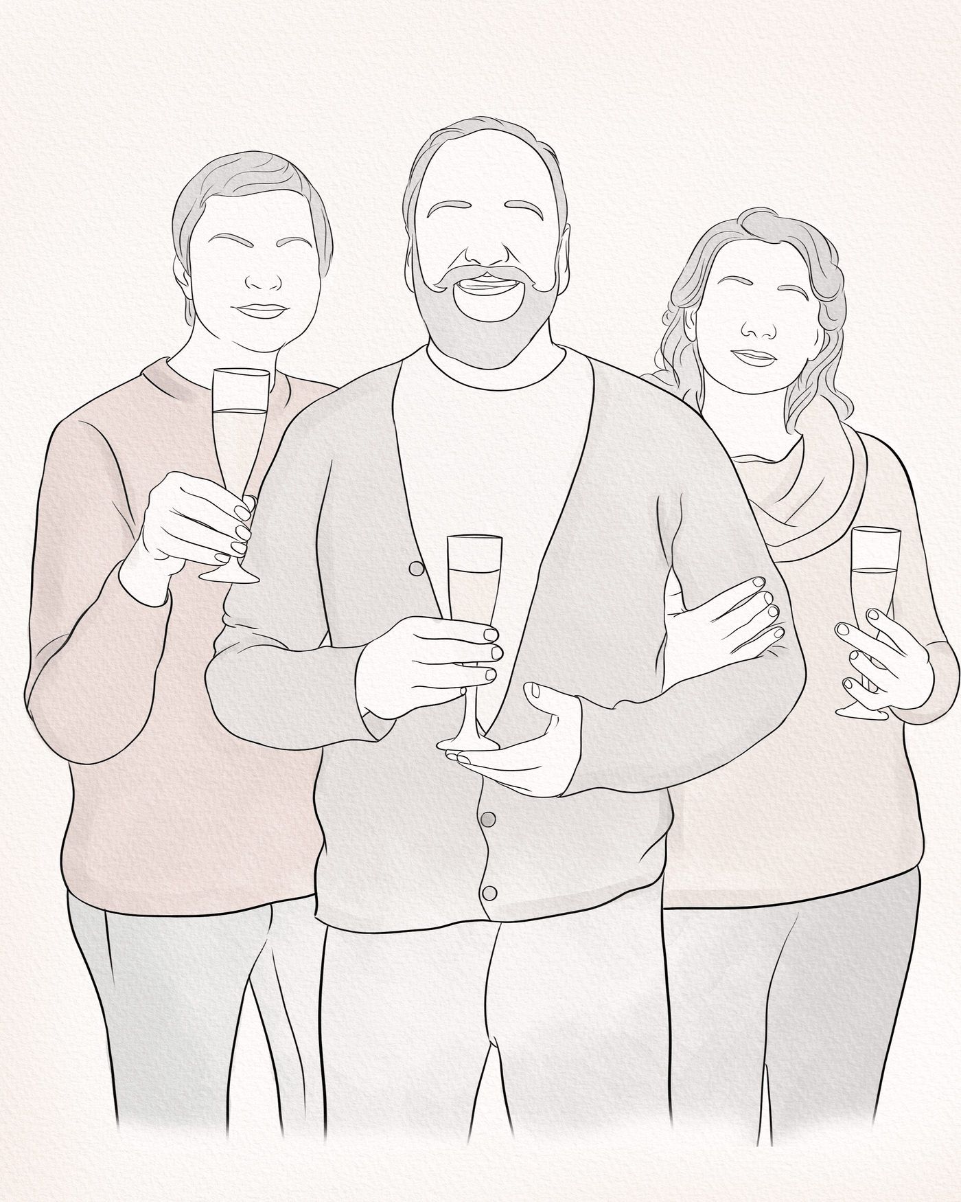 retirement line art of an elderly father with his wife and son