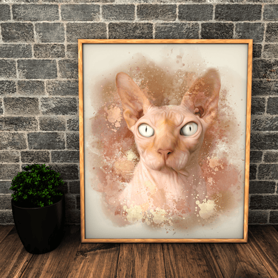 cat watercolor painting of a slim cat that has a color orange fur tone along with it's yellow colored eyes