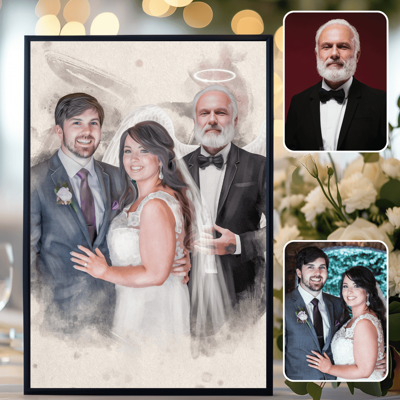 wedding photo restoration of a lovely couple along with the brides father