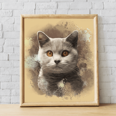 cat watercolor painting of a cat that has a color gray fur tone along with its orange colored eyes