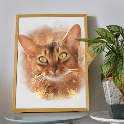 cat watercolor painting of a cute cat that has a color orange fur tone along with it's yellow colored eyes
