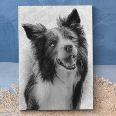 charcoal dog portrait of an adorable fur dog drawn in black and white