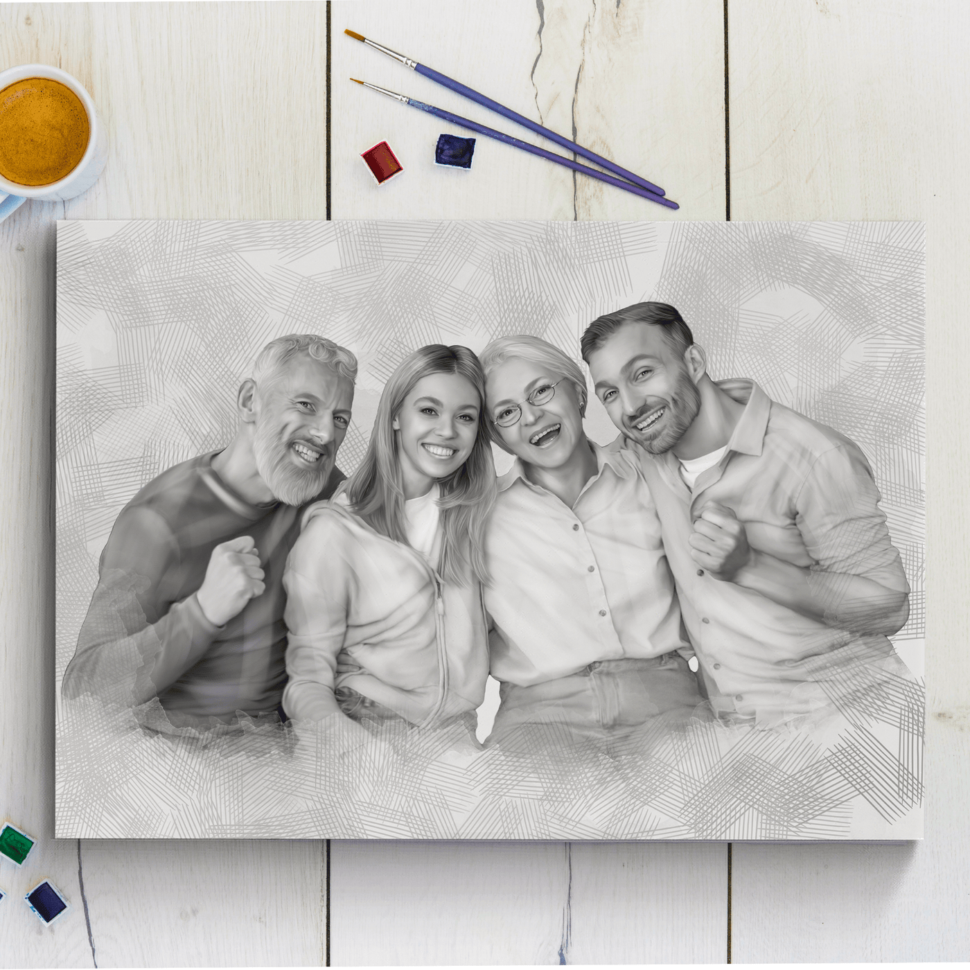 family pencil drawing of a lovely family drawn in black and white