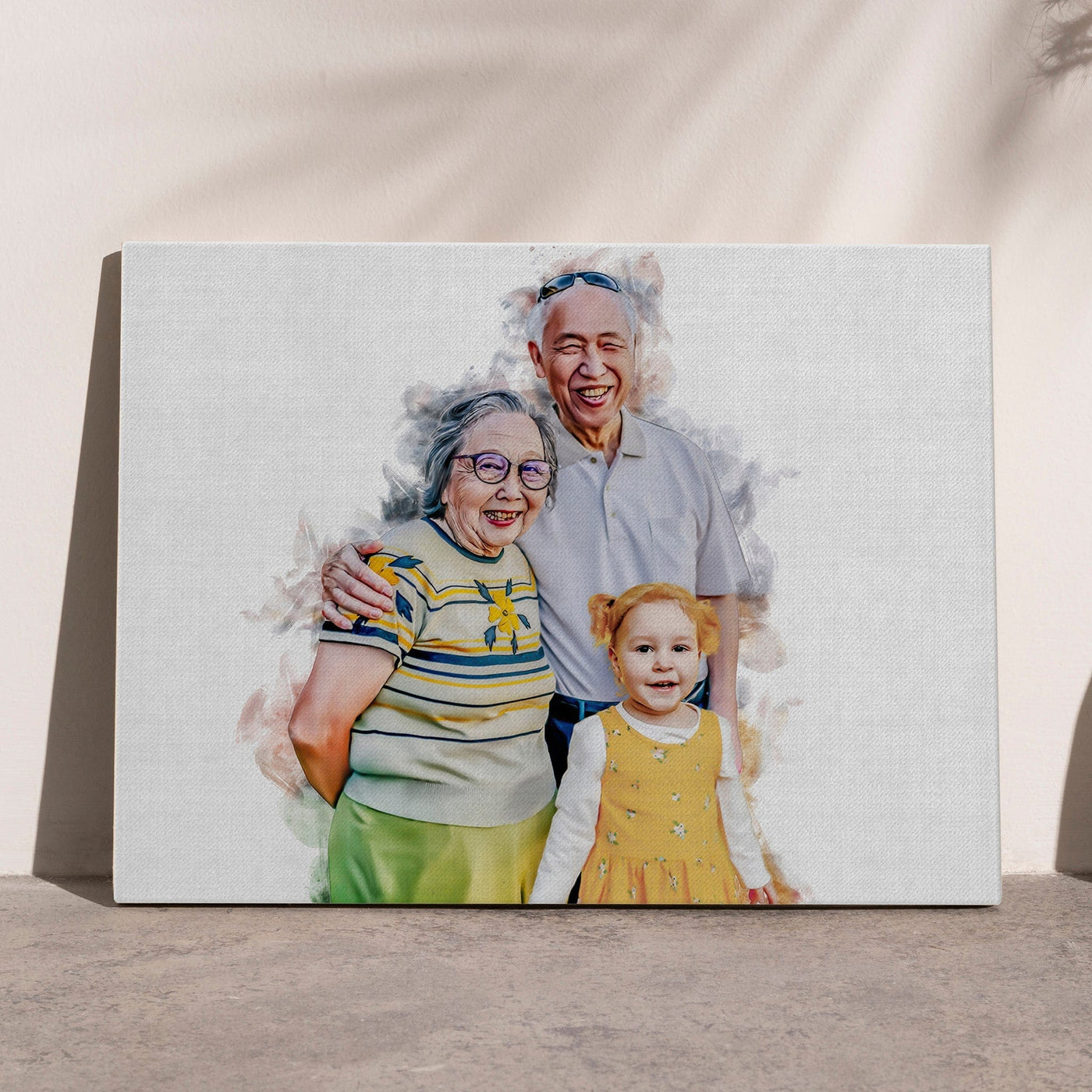 watercolor birthday painting of a lovely grandparents with their grandchild
