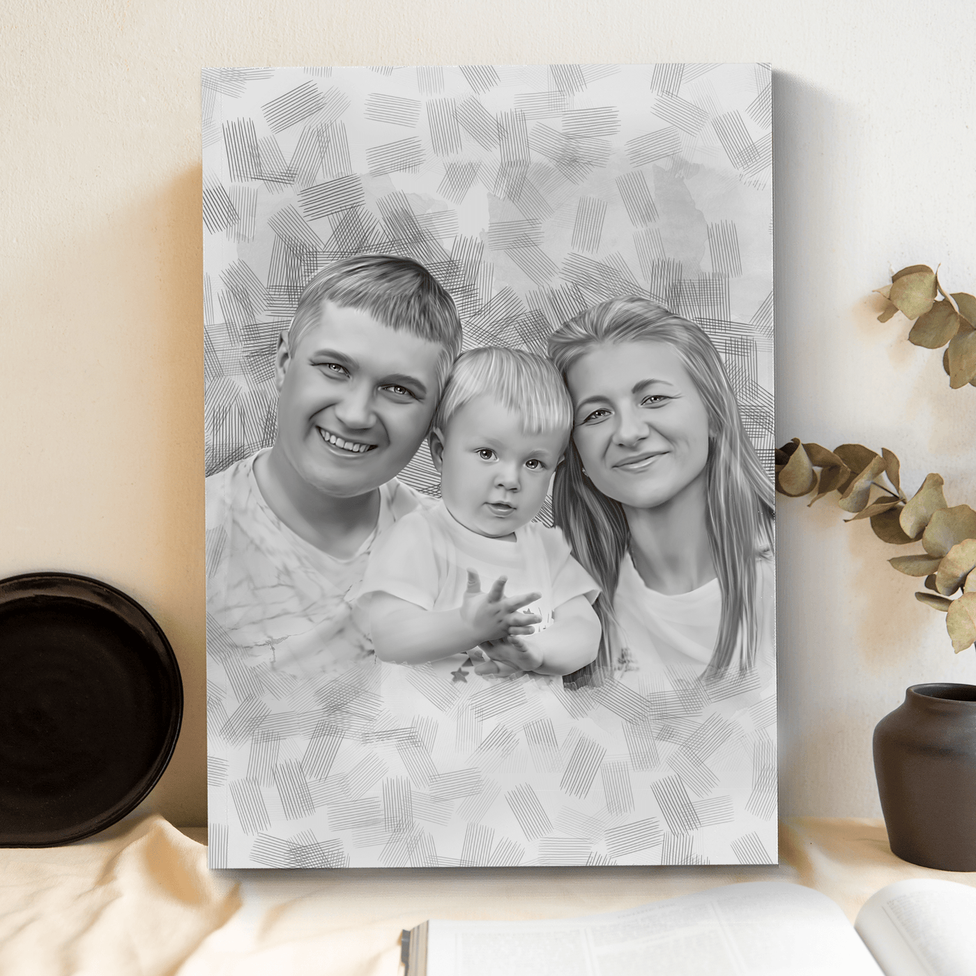 baby pencil sketch of a happy family