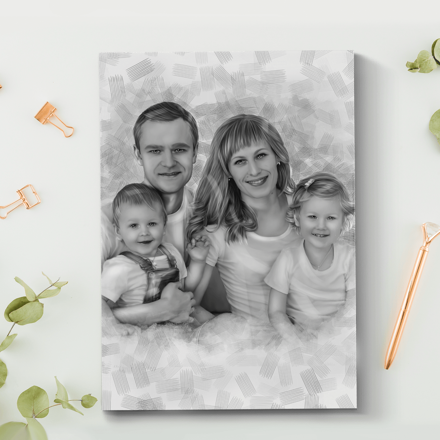 family pencil sketch of a happy family drawn in black and white