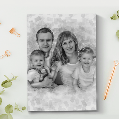 mother pencil sketch of a mother with her husband and two babies, drawn in black and white