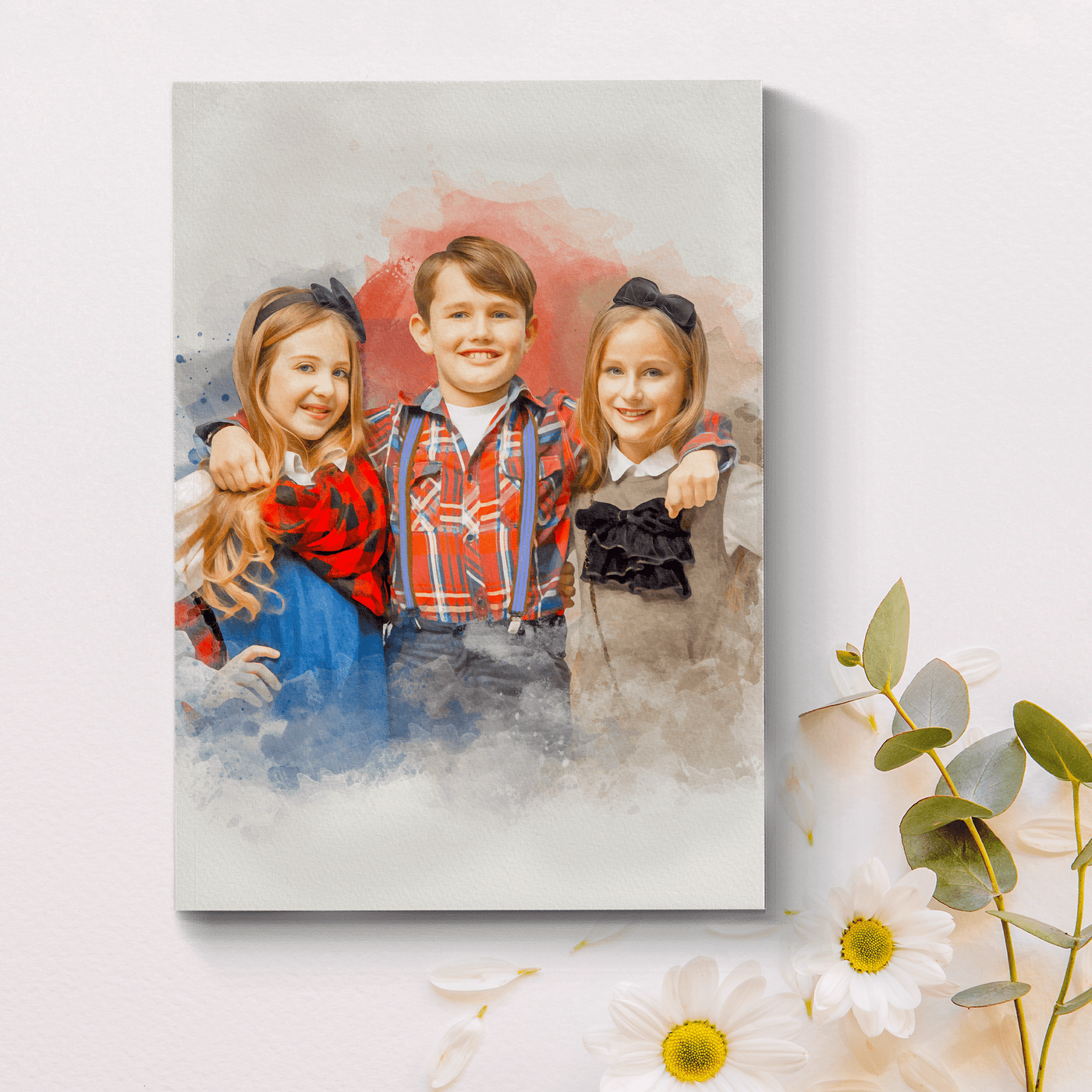 personal watercolor painting of a young boy and two girls