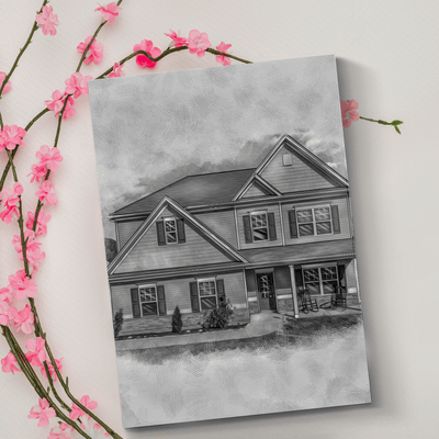 pencil drawing of a house done in black and white