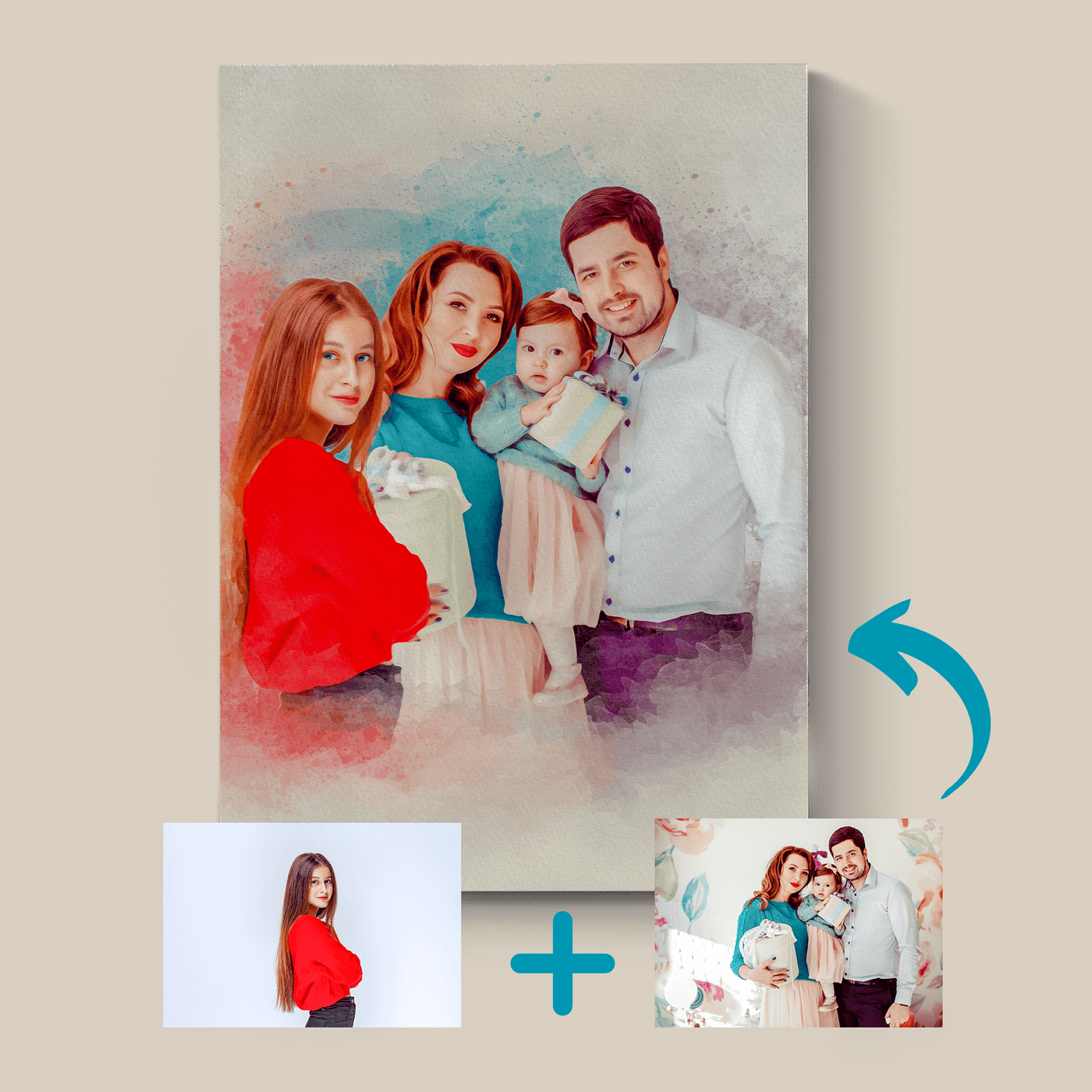 combine photos of a lovely family and the woman's sister, showcasing an amazing before-and-after transformation