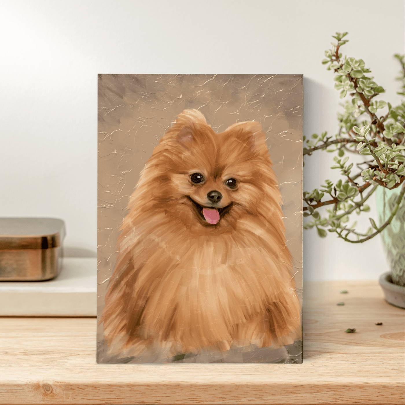 acrylic dog painting of a a smal hairy breed dog with orange tones