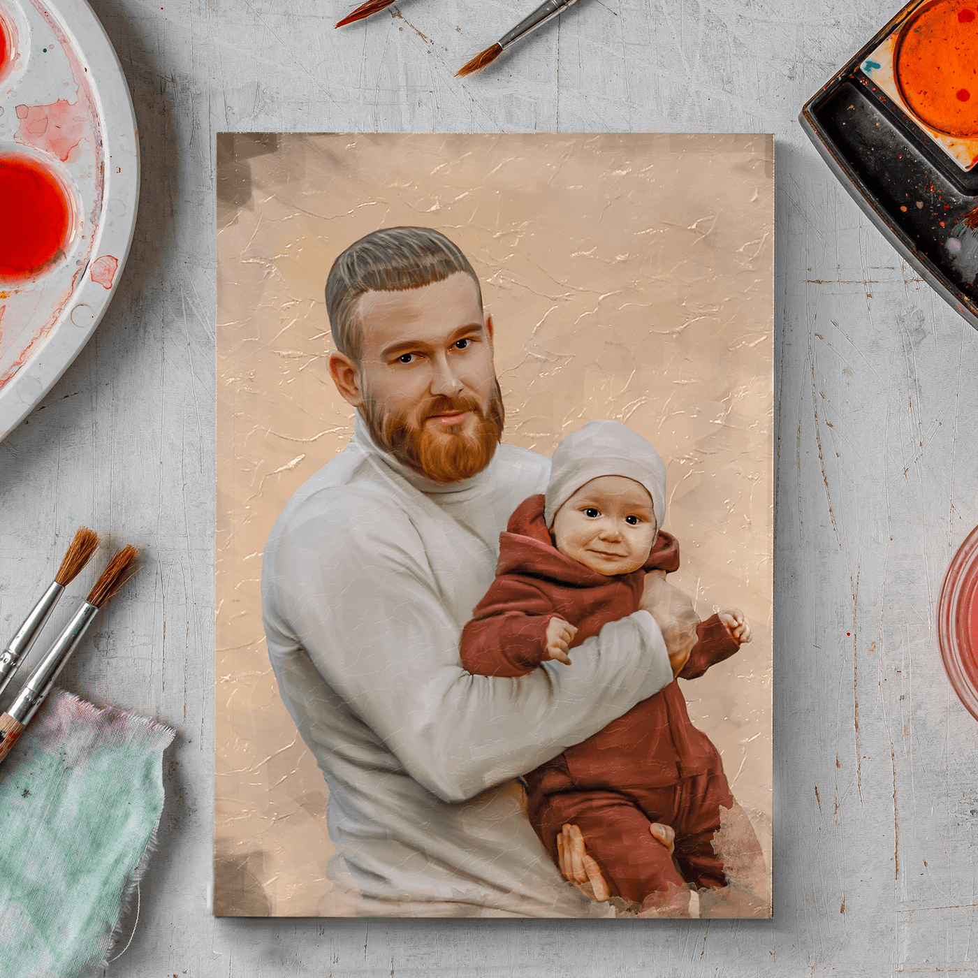 acrylic baby portrait of an amazing father with his baby