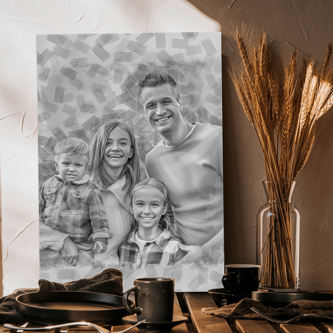 mother pencil sketch of a mother with her husband, son and daughter drawn in black and white