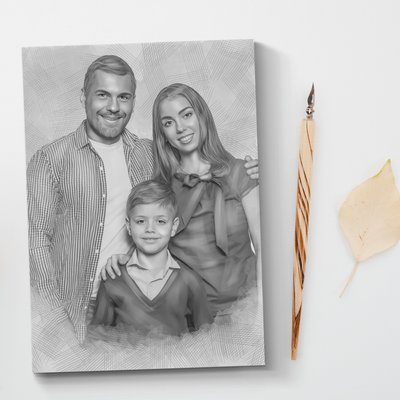 family charcoal drawing of a happy family drawn in black and white