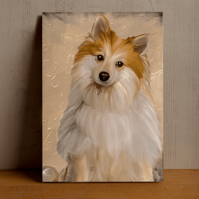 acrylic dog painting of a hairy breed dog with orange and white tones