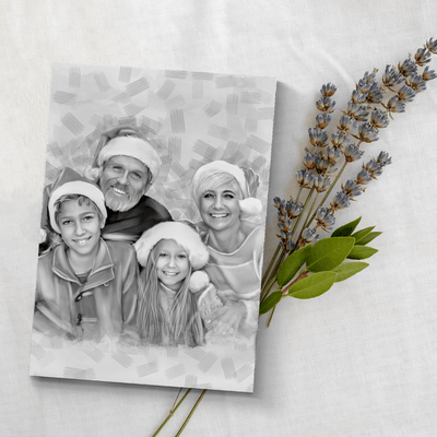 christmas charcoal drawing of a family drawn in black and white