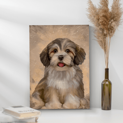 acrylic dog painting of a hairy breed puppy