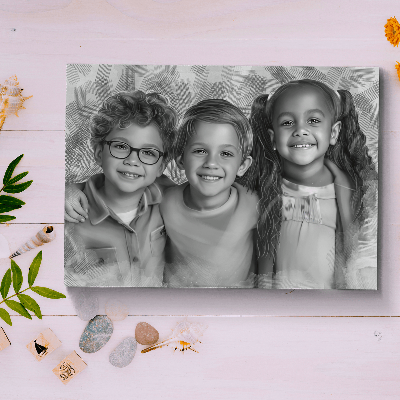children pencil drawing of an adorable set of friends
