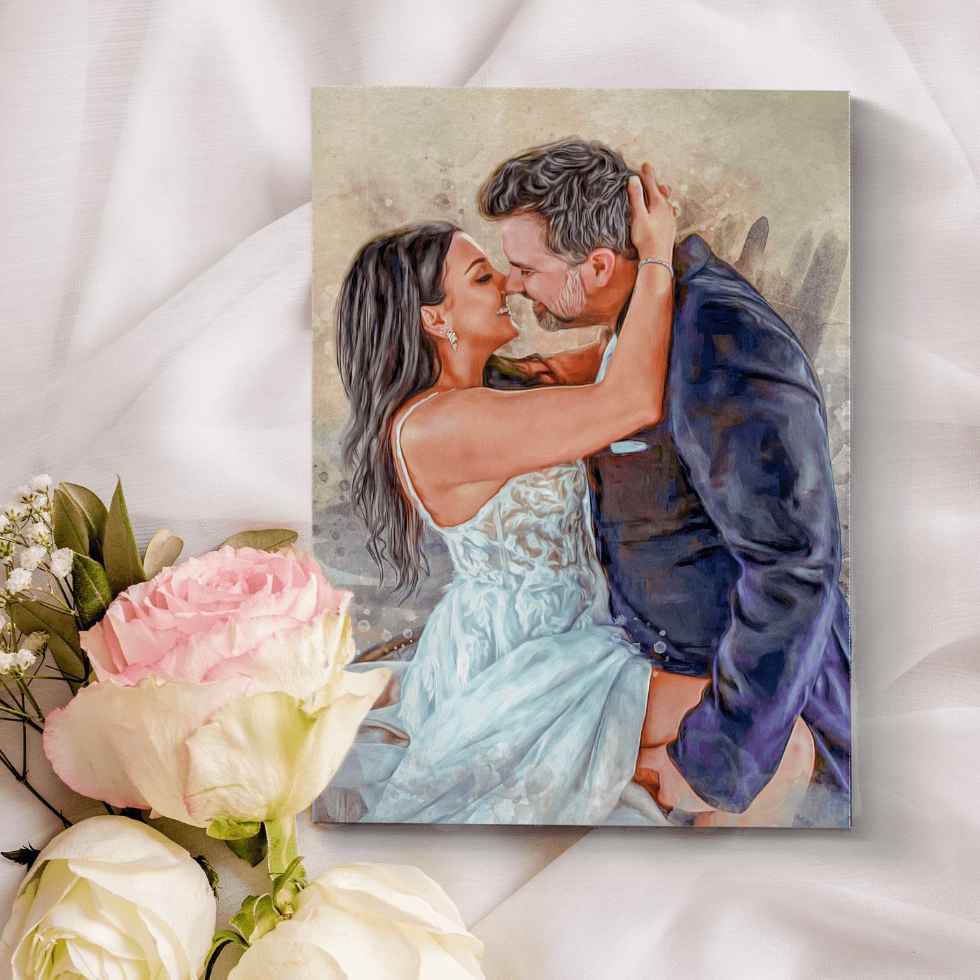 couple watercolor painting of a lovely couple that looks like they are about to kiss each other