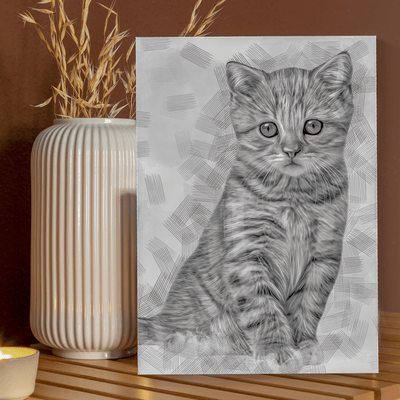 charcoal cat drawing of an adorable fur cat drawn in black and white