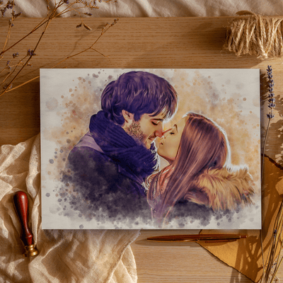 couple watercolor painting of a lovely couple that looks like they are about to kiss each other