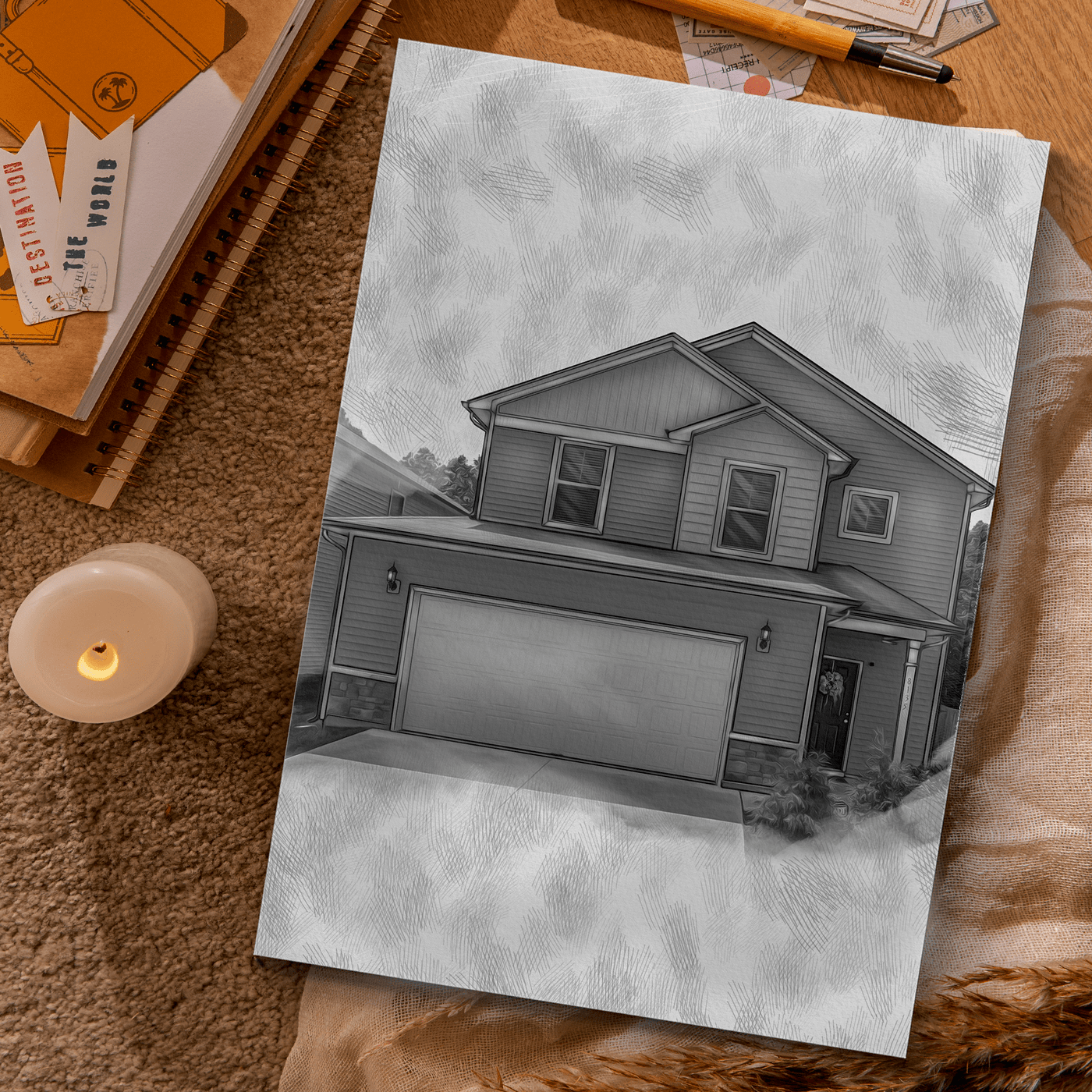 charcoal house drawing of an amazing house for a family