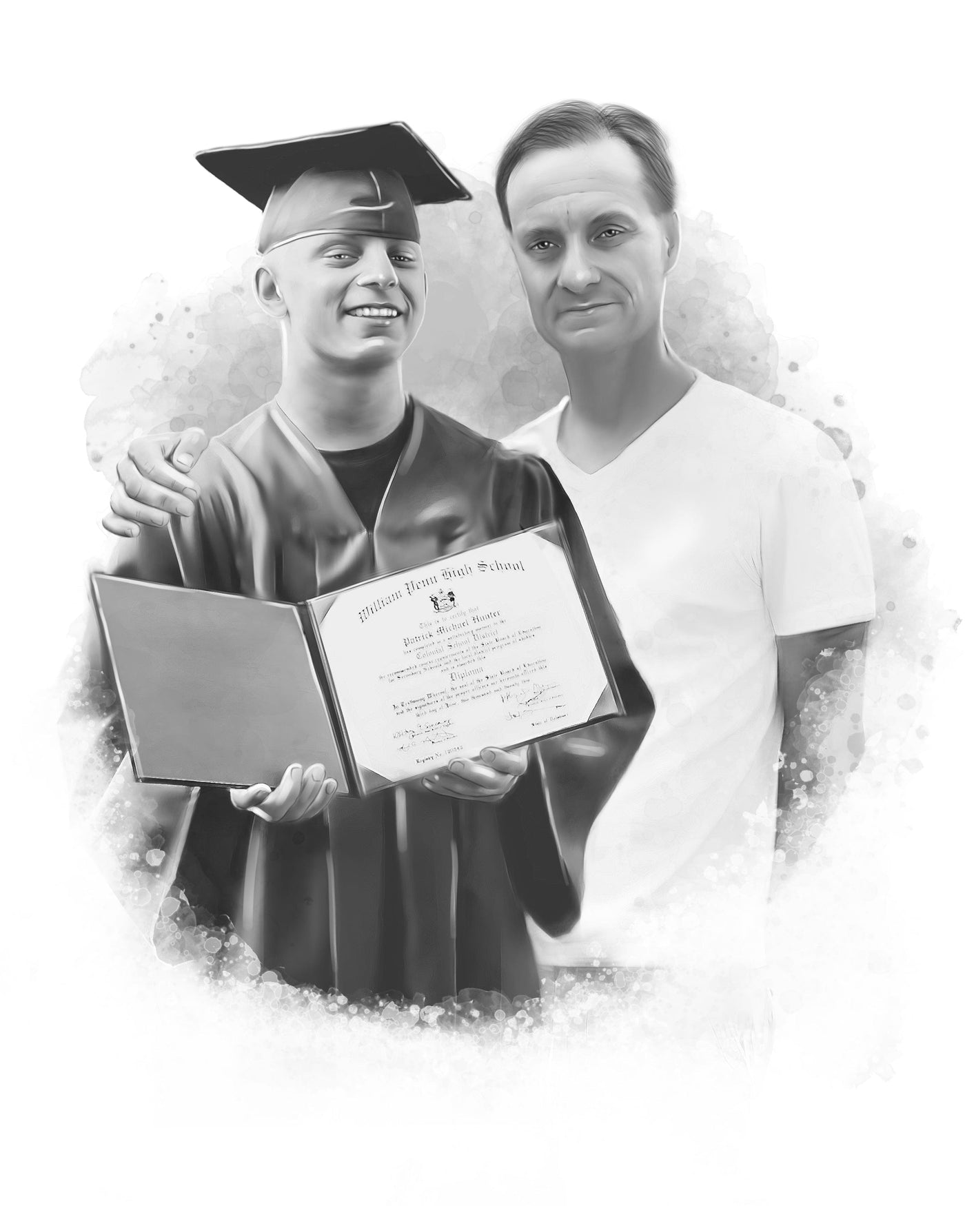 graduation pencil drawing of a male student and with his father