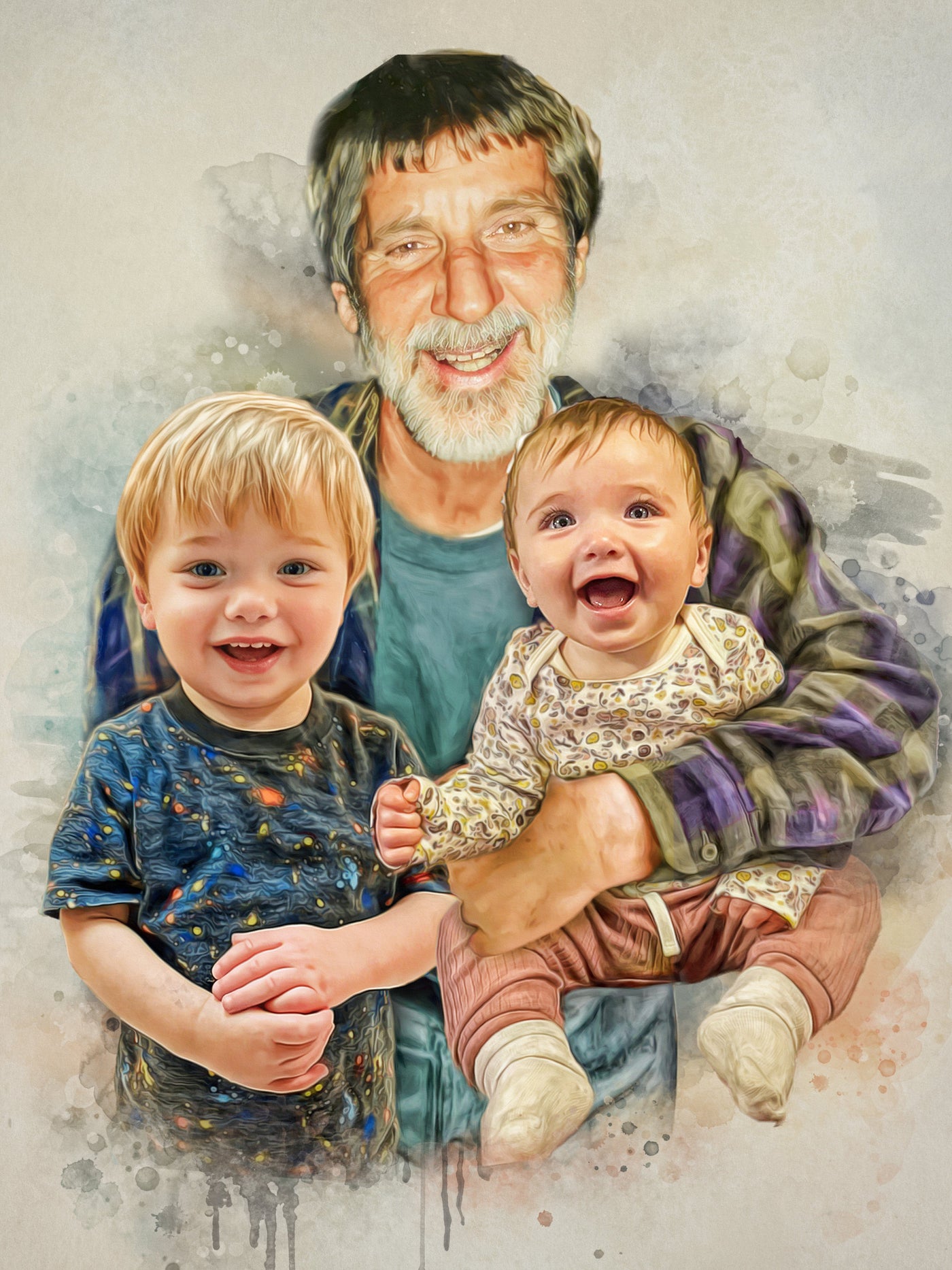 grandparents watercolor painting of an elderly man with her grandchildren