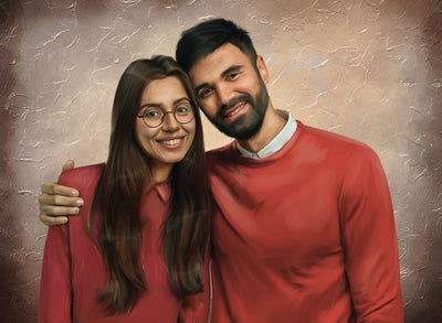 couple oil painting of a lovely couple wearing a red shirt