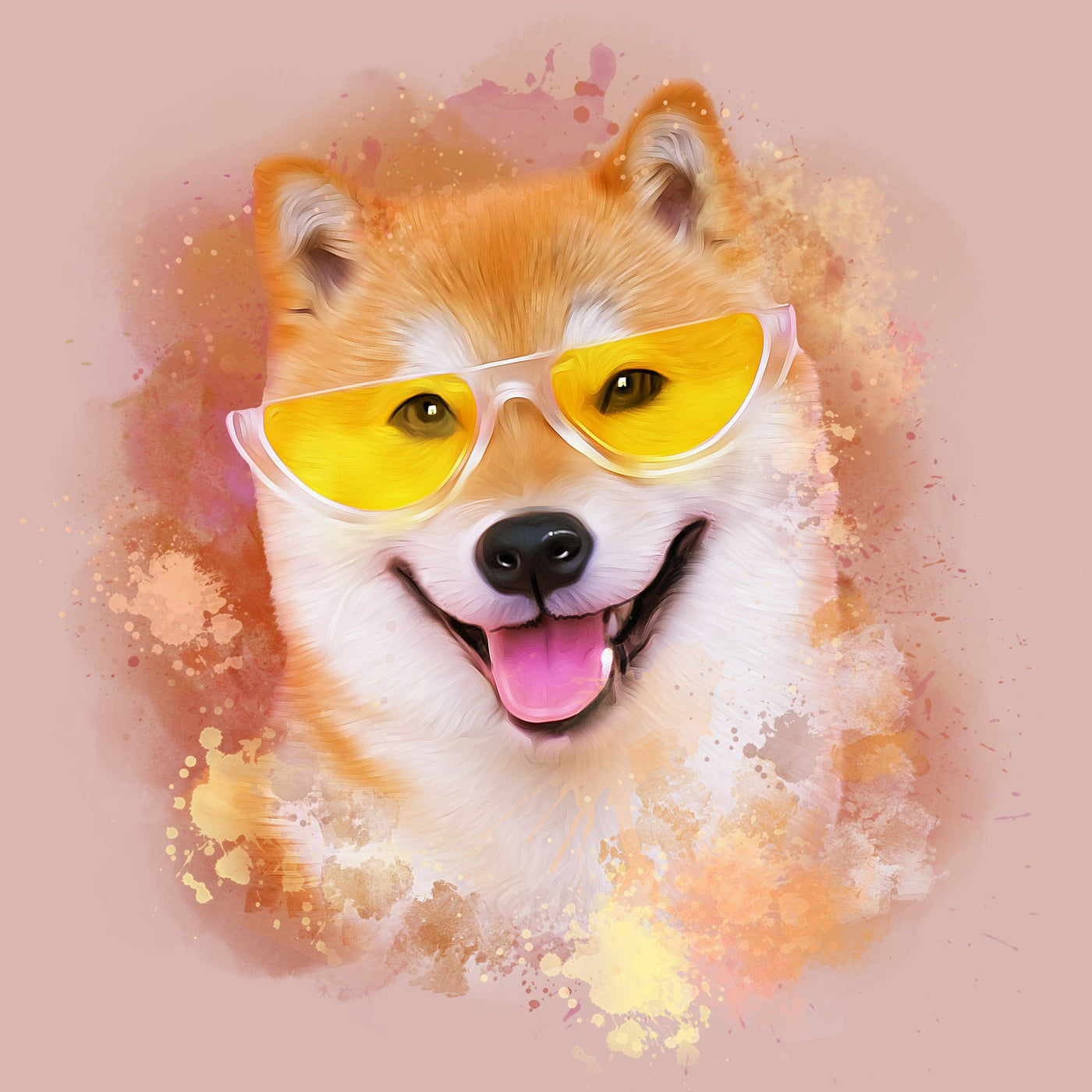 dog watercolor painting of a dog with orange and white fur, wearing yellow glasses