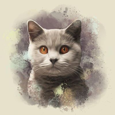 watercolor pet portrait of a cute cat with an amazing orange-colored eyes and a gray fur tone