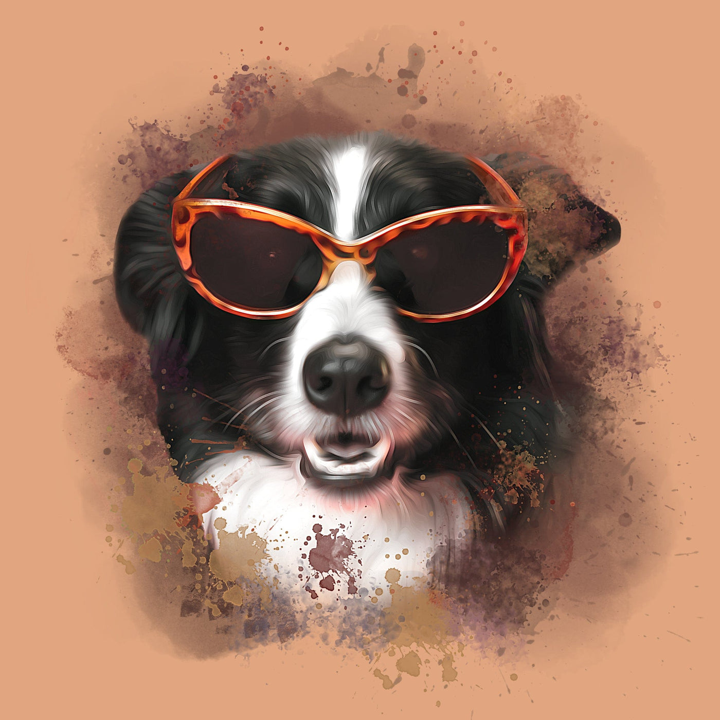 watercolor pet portrait of a cute dog with black and white fur, wearing eyeglasses