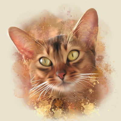 watercolor pet portrait of a cute cat with an amazing yellow-colored eyes and an orange fur tone