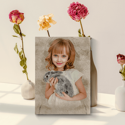 baby colored pencil drawing of an adorable female child holding her rabbit
