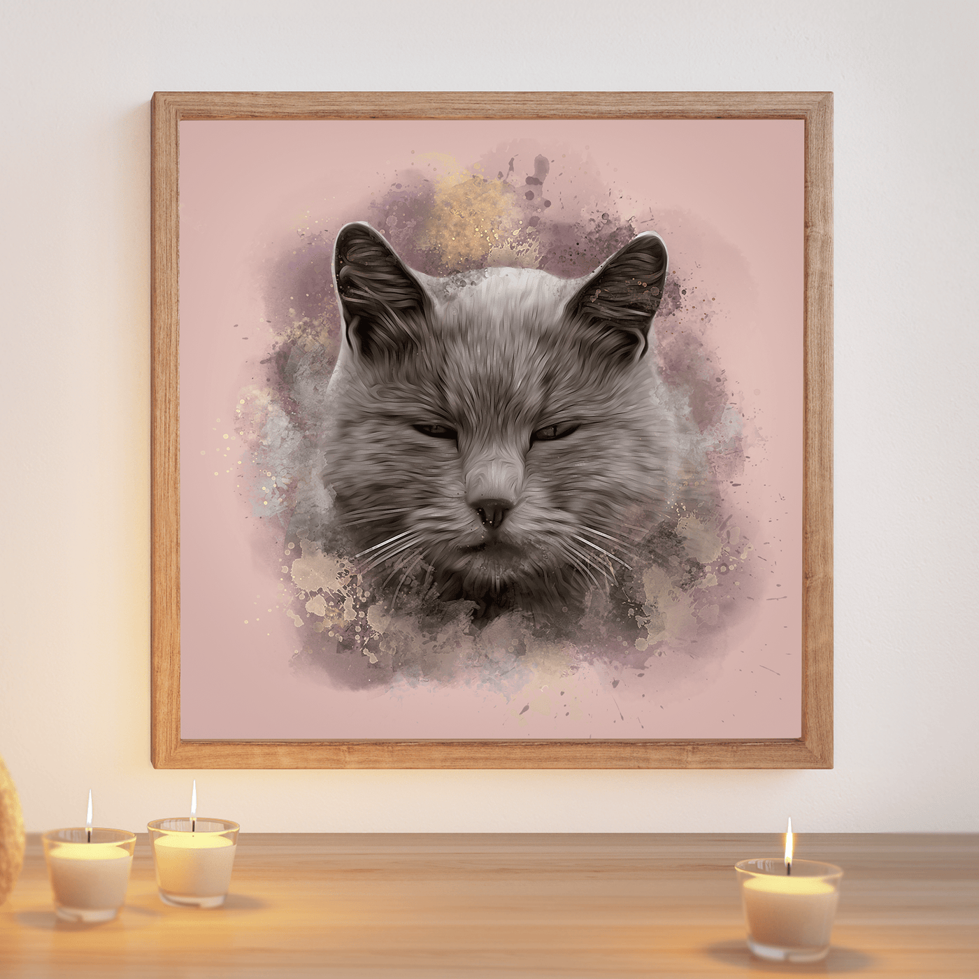 watercolor pet painting of a gray-toned, sleepy, and chubby cat