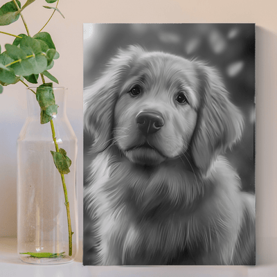 charcoal drawing dog of an adorable fur dog drawn in black and white