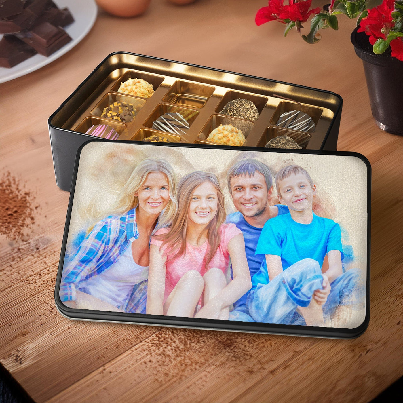 Custom Watercolor Portrait on Chocolate Truffles Tin Box